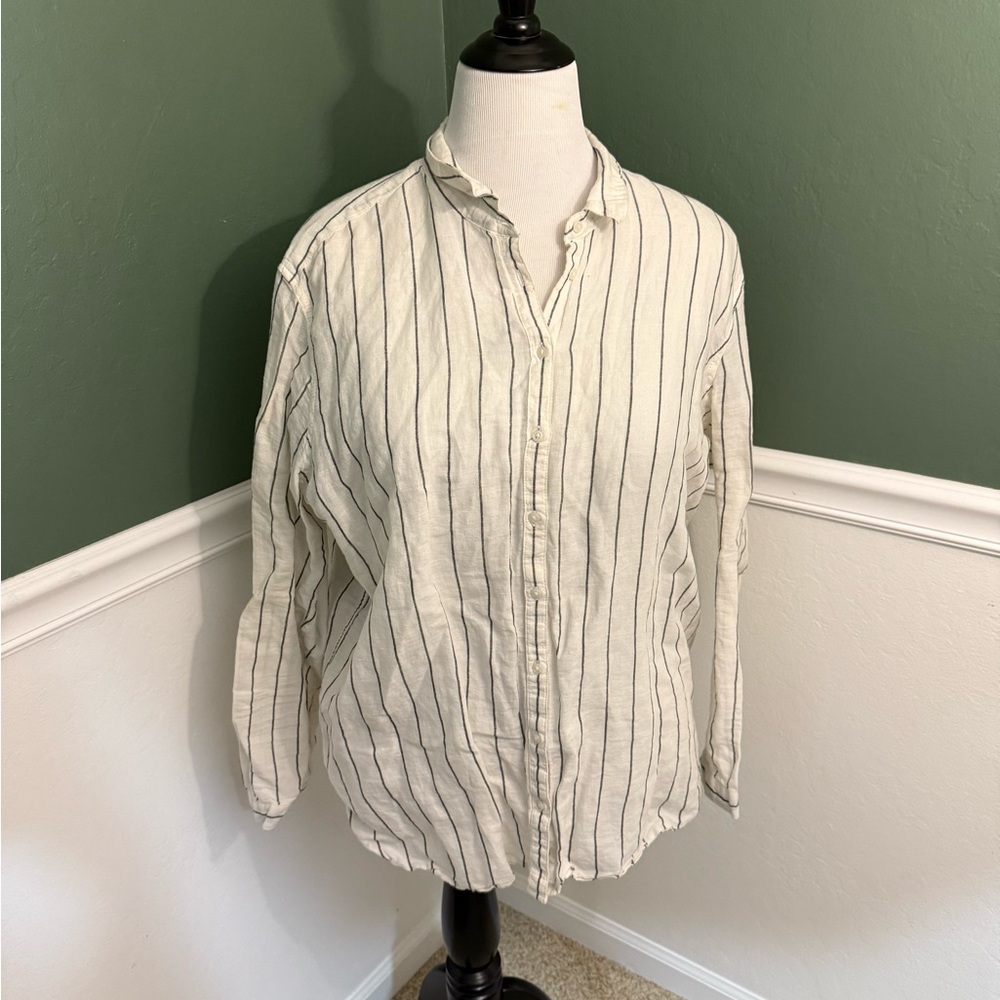 M&S Collection White Black Stripe Linen Blend Shirt Size XL